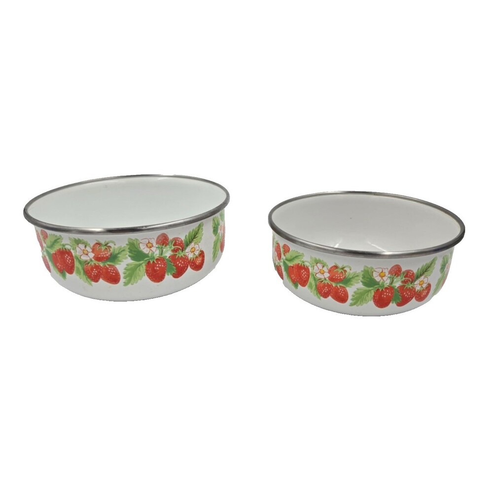 2 Vintage Kobe Nesting Mixing Bowls Strawberry Plants With Flowers Enamel Japan